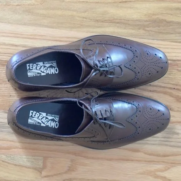 Salvatore Ferragamo NEW Men’s Brown Leather Wingtip Oxfords 10.5 D - Picture 8 of 13